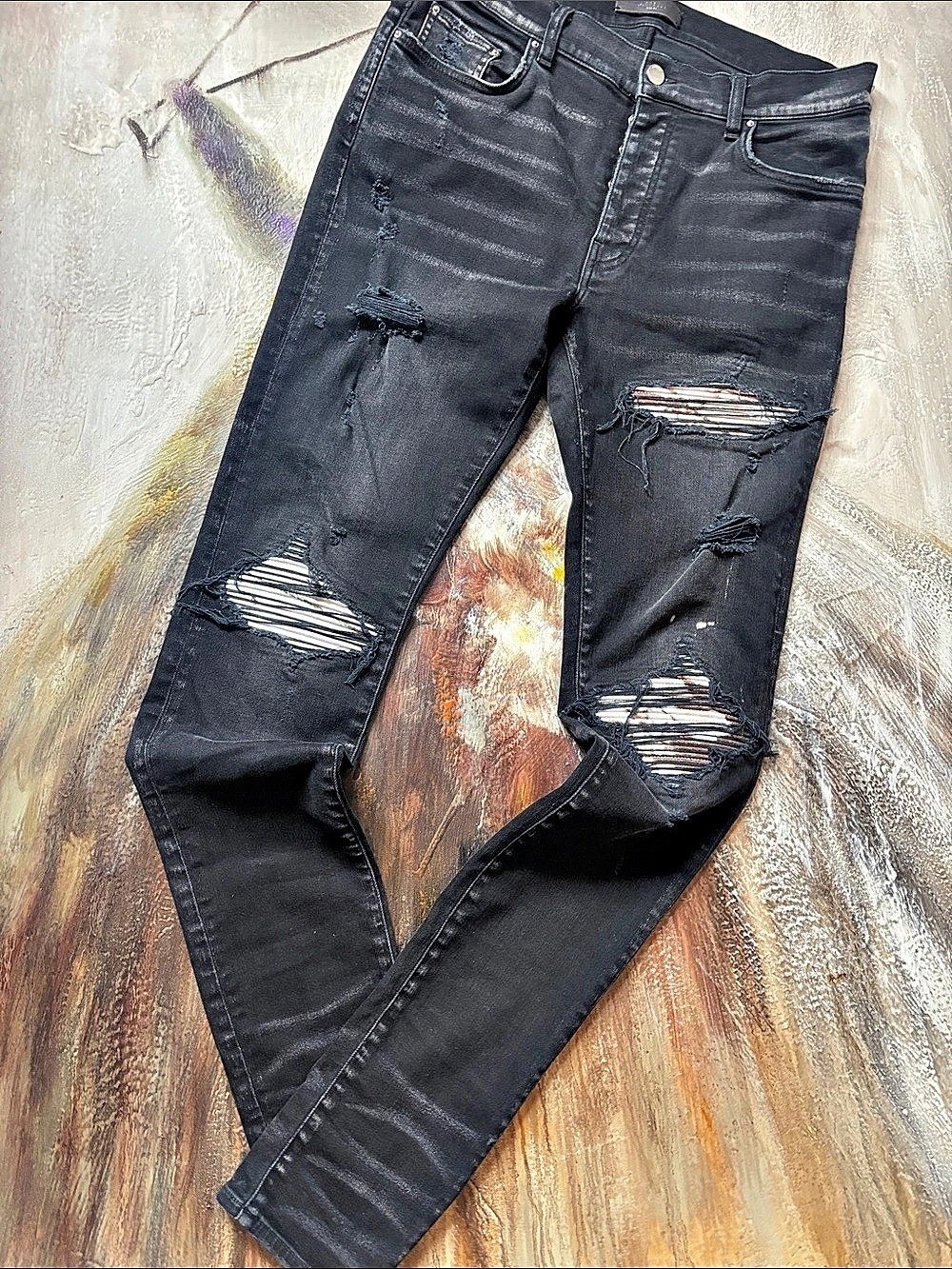 AMIRI MX1 Black Leather Patch Distressed Skinny Jeans Waist 32